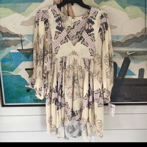 🥳HP🥳Free People Long Sleeve Bubble Dress Cream Green Purple Flower Womens M